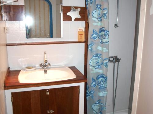 une salle de bain avec un lavabo et une douche dans l'établissement Charmante maison avec piscine chauffée à 1300m de la plage à Saint-Jean-de-Monts - FR-1-323-363, à Saint-Jean-de-Monts