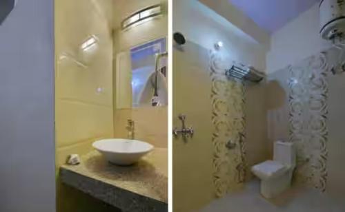two pictures of a bathroom with a sink and a toilet at HOTEL SKY HEIGHTS PALACE in Jaipur