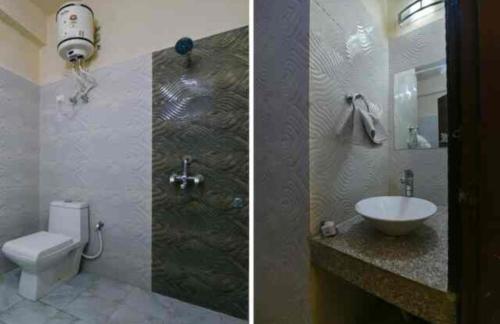 two pictures of a bathroom with a toilet and a sink at HOTEL SKY HEIGHTS PALACE in Jaipur