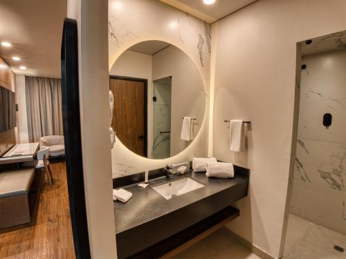 a bathroom with a sink and a mirror at Victoria Ejecutivo in Guadalajara