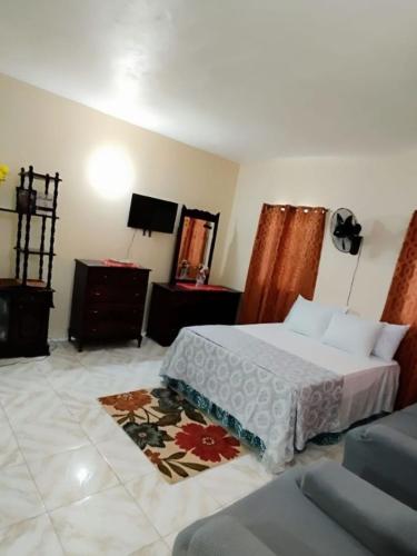 a bedroom with a bed and a dresser in it at Diana's Portmore Retreat in Portmore