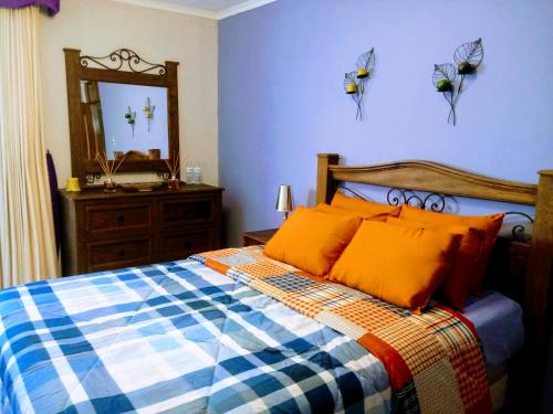 a bedroom with a bed with orange pillows and a mirror at Las Marias House in Choacorral