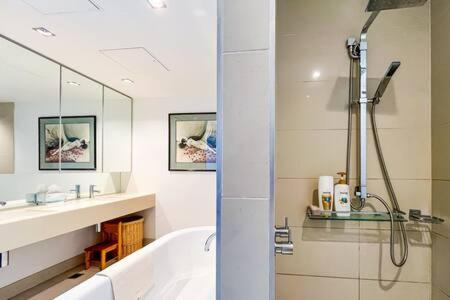 a bathroom with a tub and a sink and a shower at Luxury 4B Docklands Penthouse water city views in Melbourne