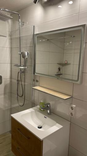 a bathroom with a sink and a shower and a mirror at Ferienwohnung Panoramablick in Bolsterlang