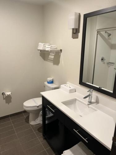 a bathroom with a sink and a toilet and a mirror at La Quinta Inn & Suites by Wyndham Wenatchee in Wenatchee