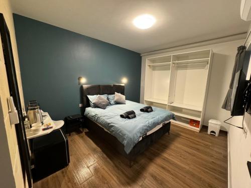 a bedroom with a bed and a blue wall at Capital Heights Room, Victoria in Victoria