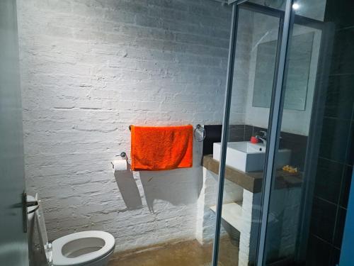 a bathroom with an orange towel and a toilet at Views on main: Craftsmanship hotel in Johannesburg