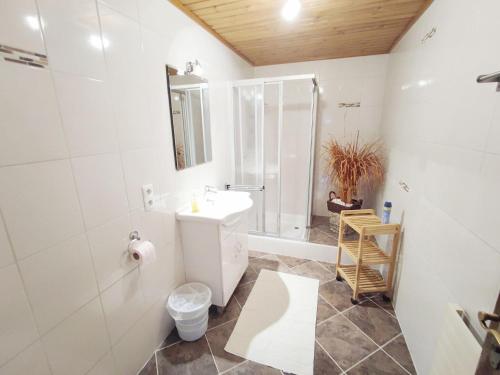 a white bathroom with a sink and a shower at Chalet in Hippach near Ski Paradise in Hippach