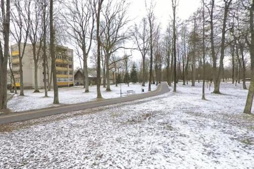 a snow covered park with trees and a building at Studijos tipo butas šalia parko in Kretinga