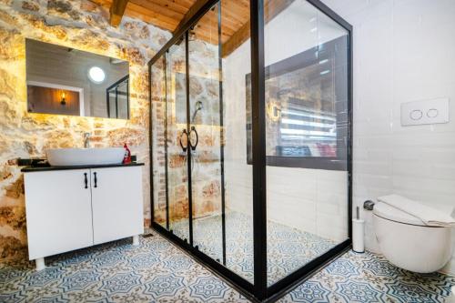 La salle de bains est pourvue d'une douche, de toilettes et d'un lavabo. dans l'établissement Villa Valhalla, à Fethiye