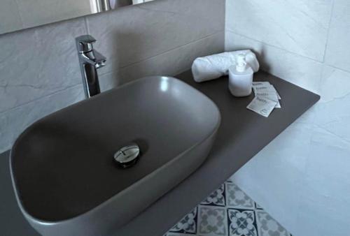 a sink in a bathroom with a roll of toilet paper at Hostal Cal Pericas in La Pobla de Lillet