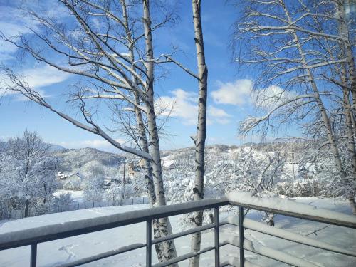 a winter view from a balcony with snow covered trees at Šumarak Lodge in Sarajevo