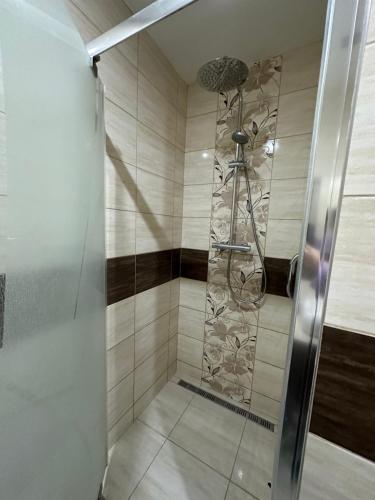 a shower with a glass door in a bathroom at Apartmán Nitra - Klokočina in Nitra