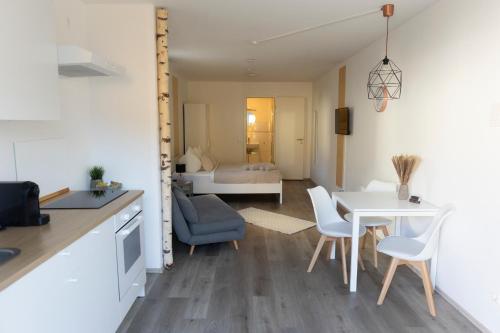 una cucina e un soggiorno con tavolo e sedie di HUGOS Studio Apartment a Bensheim