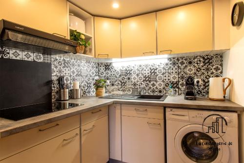 a kitchen with a washing machine and a sink at The Nest, parking, centre, vue sur la Cathédrale in Albi