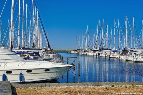 einer Gruppe von Booten, die in einem Yachthafen angedockt sind in der Unterkunft Strandhafer in Wendtorf