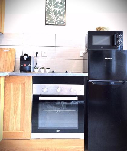 La cuisine est équipée d'un four noir et d'un four micro-ondes. dans l'établissement Le Tropic-Elegant appart lumineux et central, au Havre