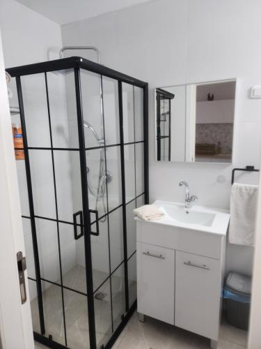 La salle de bains est pourvue d'une douche et d'un lavabo blanc. dans l'établissement Shalom's place, à Eilat