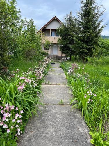 a garden path leading to a house with flowers at Casa Iuliana in Valcea