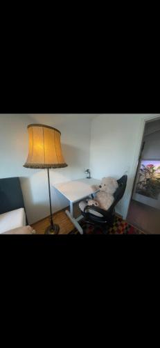 Habitación con escritorio, lámpara y silla. en Le bijou du 3ème arrondissement en Zúrich