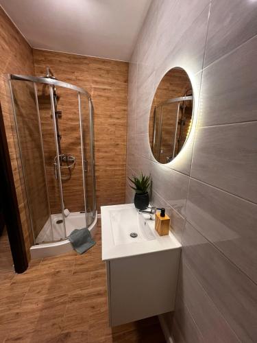 y baño con lavabo, ducha y espejo. en Apartamenty In Centro by 3 maja en Gniezno