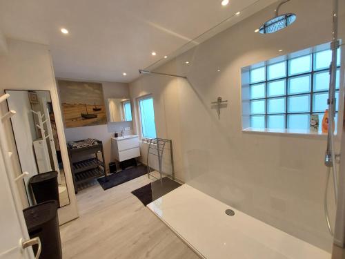uma casa de banho com um chuveiro e um lavatório num quarto em Repos St Elisabeth nabij Plopsaland em De Panne