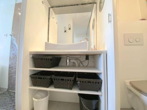 une salle de bain avec un lavabo et un miroir dans l'établissement Studio 20, Port Nature 2 au village naturiste, au Cap d'Agde