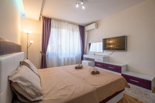 een hotelkamer met een bed en een televisie bij Spacious Newly Furnished 1 BDRM Apartment in Sofia