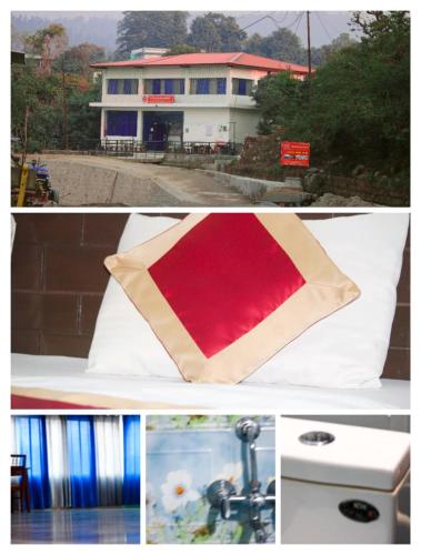 un collage di foto con cuscino e un edificio di Hotel Glass House a Kāta Patthar