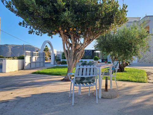 une table et des chaises assises à côté d'un arbre dans l'établissement Nikol's house, à Kámpos
