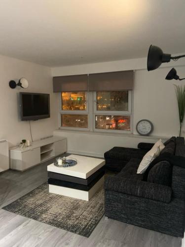 a living room with a couch and a coffee table at MODERN APARTMENT-GREENWICH/WOOLWICH in Woolwich