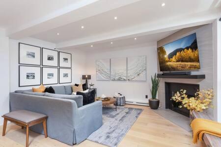 a living room with a blue couch and a fireplace at Aspen Core Renovated 2 BR, 2 BA with AC in Aspen