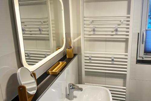 a bathroom with a sink and a mirror at Ferienhaus Selbitz in Selbitz