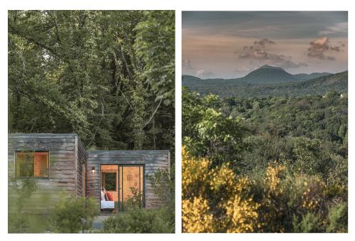 two pictures of a house with a view of the mountains at Volvic Organic Resort in Volvic