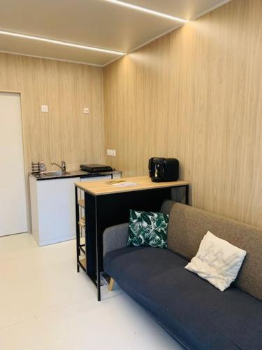 ein Wohnzimmer mit einem Sofa und einem Tisch in der Unterkunft Tiny House à 10min du Mont Saint Michel in Pontorson