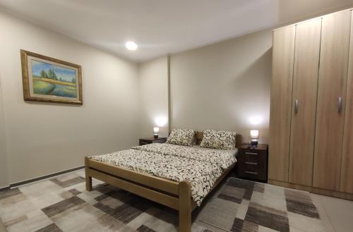 ein Schlafzimmer mit einem Bett mit zwei Lampen in der Unterkunft Prenoćište Lana in Novi Banovci