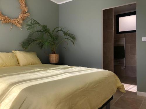 Un dormitorio con una cama grande y una planta en La Figuière, en Manosque