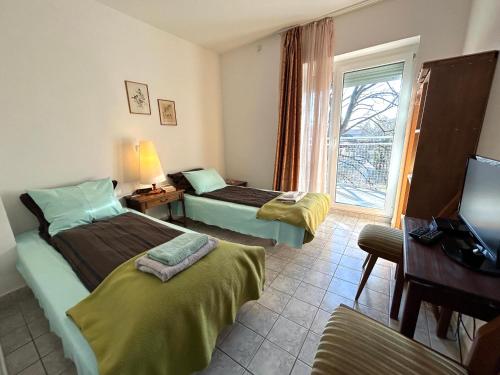 a bedroom with two beds and a tv and a window at Pansion Vila Vanda Vukovar in Vukovar