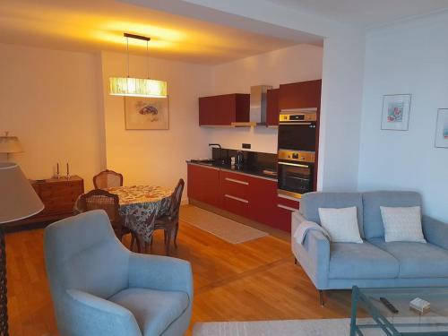 Il comprend un salon avec deux chaises bleues et une cuisine. dans l'établissement Grand, clair, central, élégant, 2 chambres, 5 minutes de la gare, à Limoges