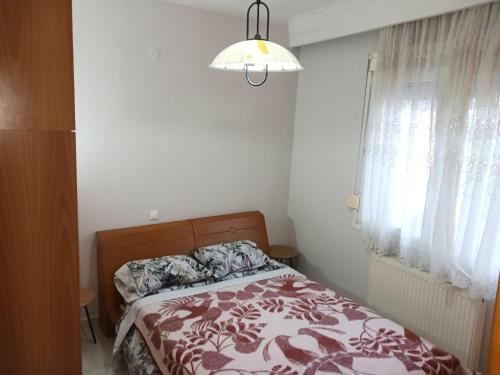 a bedroom with a bed and a lamp and a window at APARTMENT MARIOS SOUFLI Ευρύχωρη γκαρσονιέρα, 60m2 στο κέντρο in Souflíon