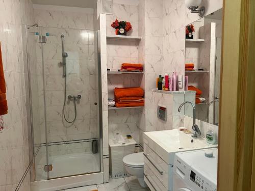 a bathroom with a shower and a toilet and a sink at Apartament Chopina 2 in Węgorzewo