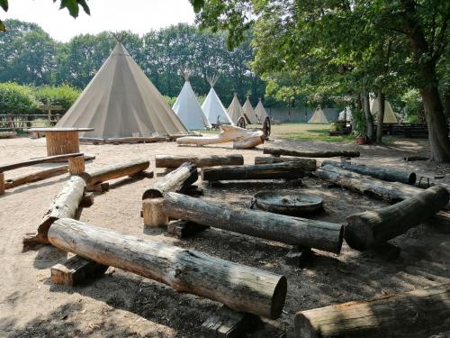 a bunch of logs and a group of tents at Tipidorf Walbeck in Geldern