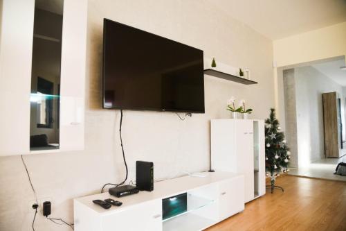 un soggiorno con TV a schermo piatto a parete di Ilic House a Belgrado