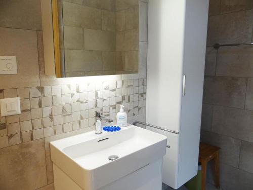 ein Badezimmer mit einem weißen Waschbecken und einem Spiegel in der Unterkunft Apartment Studentenweg 33 by Interhome in Engelberg