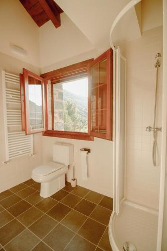 a bathroom with a toilet and a window and a shower at Casa Rural Ger in Yeste