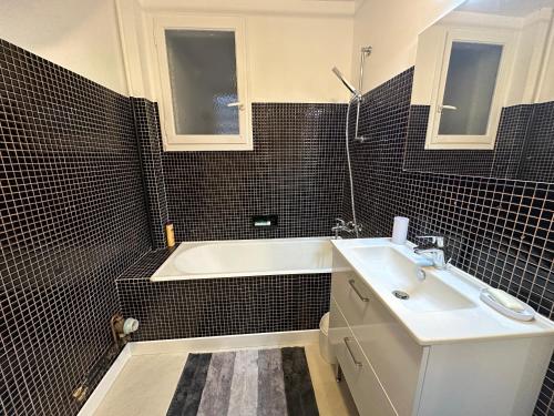 La salle de bains est pourvue d'un lavabo blanc et d'une baignoire. dans l'établissement Appartement NEUF et cosy à Blois, à Blois