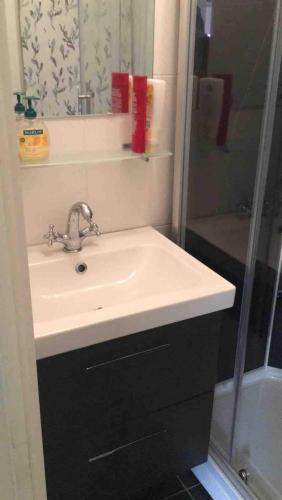 a bathroom with a sink and a shower at Cozy Cottage In Central Gothenburg in Gothenburg