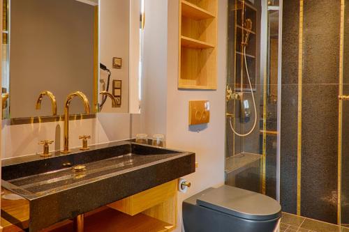 een badkamer met een wastafel, een toilet en een douche bij Schloßappartements Heringsdorf in Heringsdorf