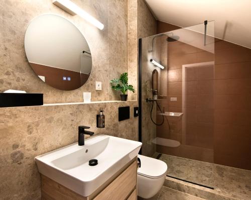 ヴェルカー・ロムニツァにあるNatur Views, Chaty NATUR RESORTのバスルーム(洗面台、トイレ、鏡付)