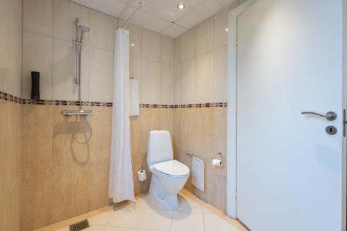 a bathroom with a toilet and a shower at Milling Hotel Park in Middelfart